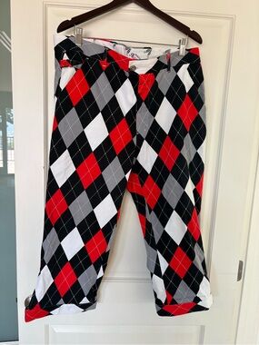 Royal & Awesome Red Black Gray Argyle Golf Pants Men’s Size 38 Loud Plaid